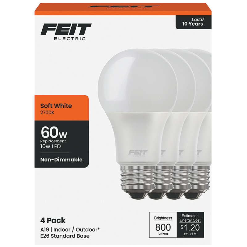 Feit A19 E26 Medium LED Soft White Bulb, 4 Pk.